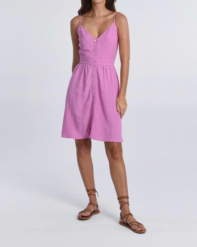 Front of a model wearing a size Large Mini Sun Dress in Pink in Pink by MOLLY BRACKEN. | dia_product_style_image_id:346247
